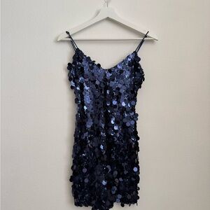 Meshki Navy Sequin Mini Dress with Spaghetti Straps